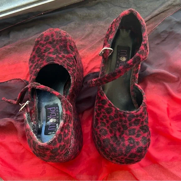 Vintage 90s Platforms-Red Leopard Velvet Morbid Threads Mary Janes 8.5 (*read) - Picture 12 of 16